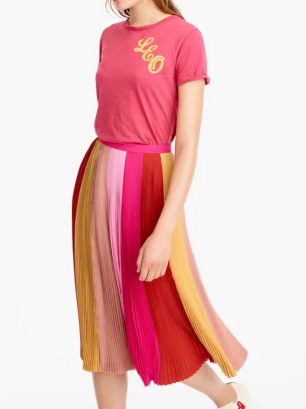 J. Crew Pleated Multi-Color Stripe Midi Skirt - Pink, Red & Gold size 10